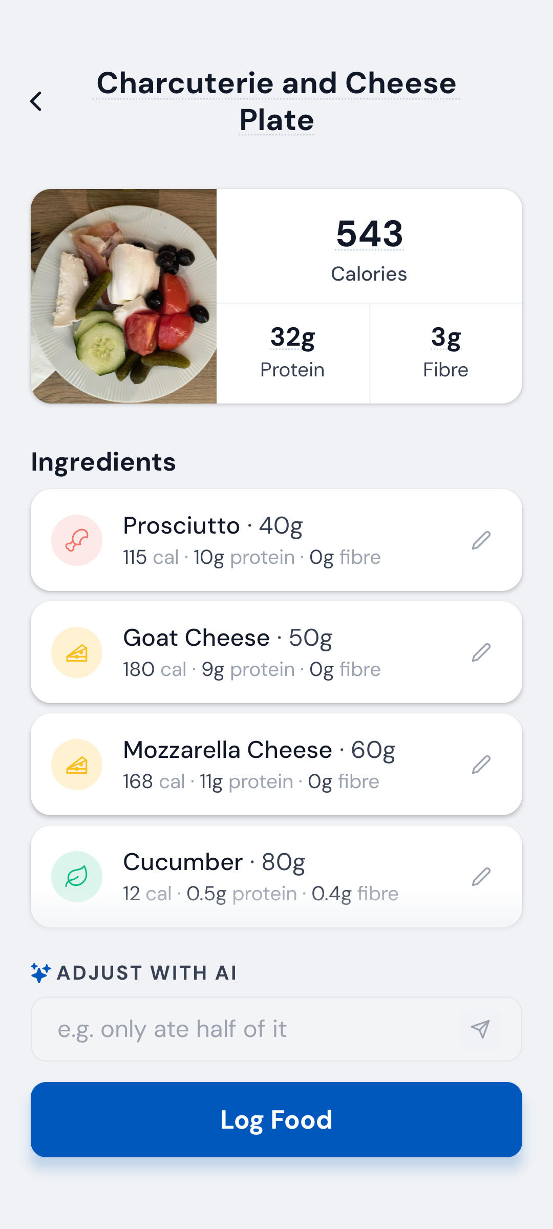 Meal analysis showing calories, protein, fibre and editable ingredients, with a Log Food button